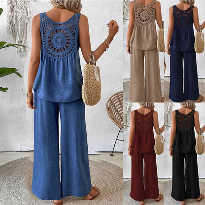 2 Pieces Set Women's Sleeveless Solid Color Back Hollow Lace Suit Women Gym From House
