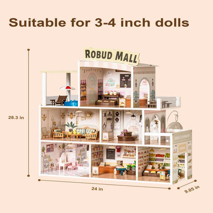 Wood Dollhouse Shopping Mall Doll House With Lights Music