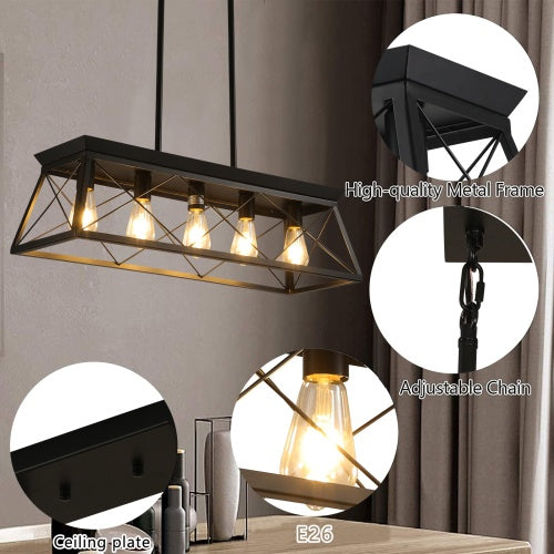 5 Lamps Farmhouse Chandelier For Dining Room, Metal Rustic Chandelier Island Lamp, Modern Rectangular Island Lamp For Kitchen, Living Room Pure Black - No Bulbs Unavailable Platforms- Temu Kitchen DealSniper.net