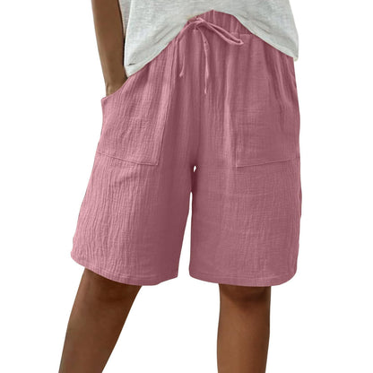 Linen Cotton Shorts, Solid Color Casual Shorts Tie Detail Shorts Women DealSniper.net