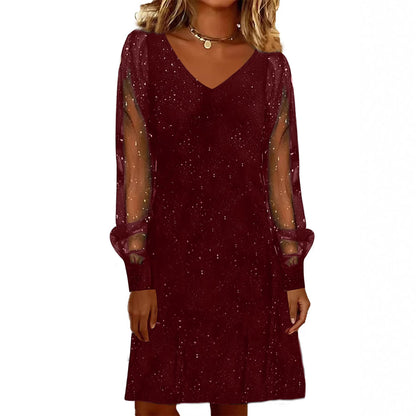 Elegant Women Dress V Neck Shiny And Glowing Mesh Sleeve Women DealSniper.net