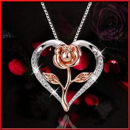 Zircon Heart Rose Silver Necklace For Women Women dealsniper-net Rose Gold Without box