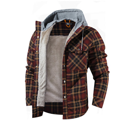 Men Warm Jacket Fleece Lining Lumberjack Plaid Hooded Jackets Snap Button Men dealsniper-net Coffee USA L