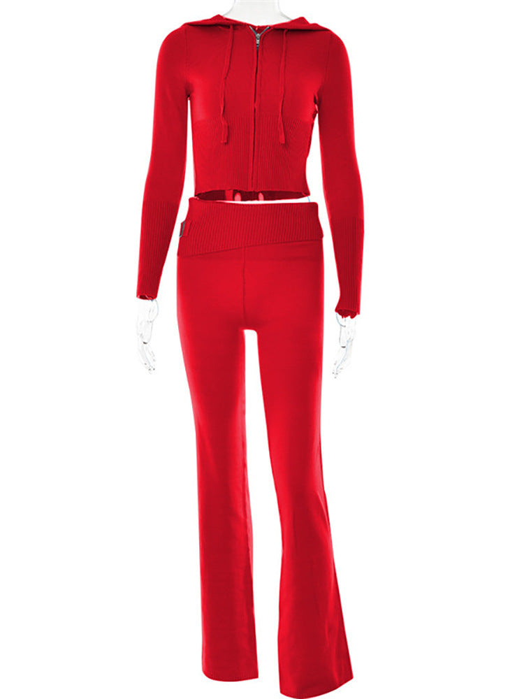 Hoodie Suit Women Leisure Sexy Zip Long Sleeve Sweater And High Waist Long Pants Set Women dealsniper-net Red suit L