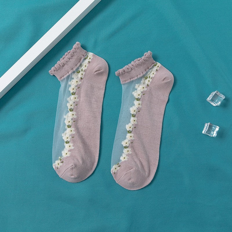 Women's Thin Spun Glass Lace Crystal Boat Socks Women DealSniper.net Purple Pink Free Size