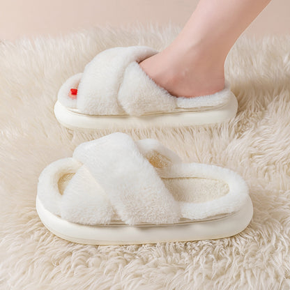 Women's Platform Fuzzy Home Slippers Winter Open Toe Criss-cross Solid Color Casual Floor Slides Indoor Flat Comfy House Shoes