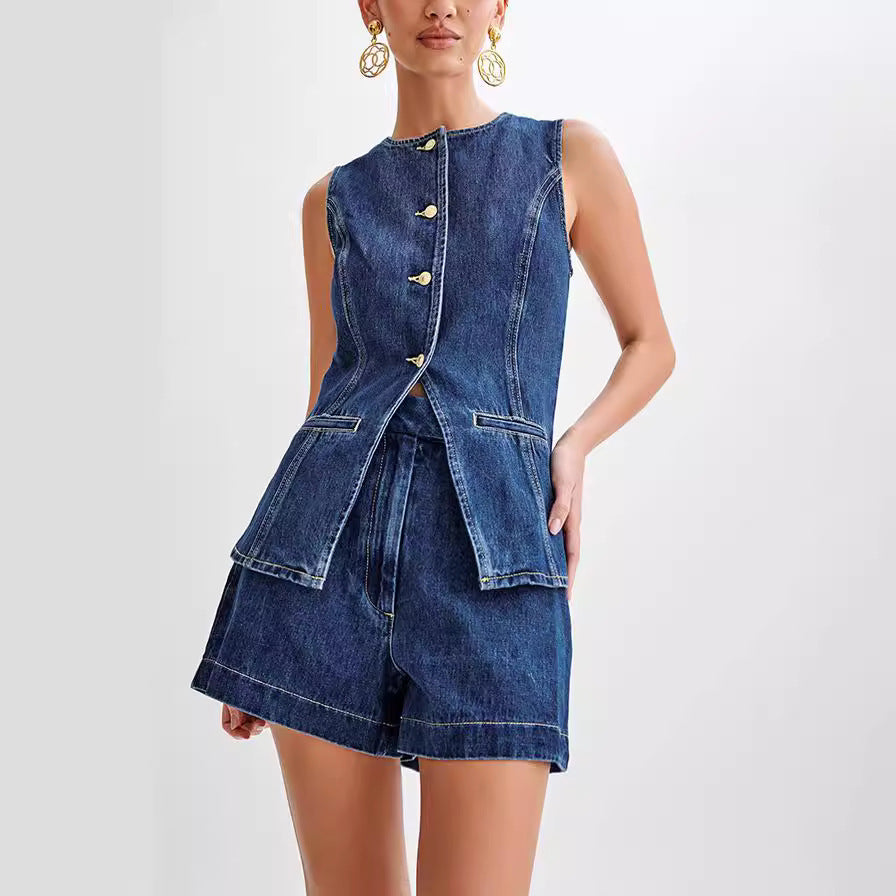 Fashion Denim Suit Summer Casual Sleeveless Button Vest Women dealsniper-net Set L