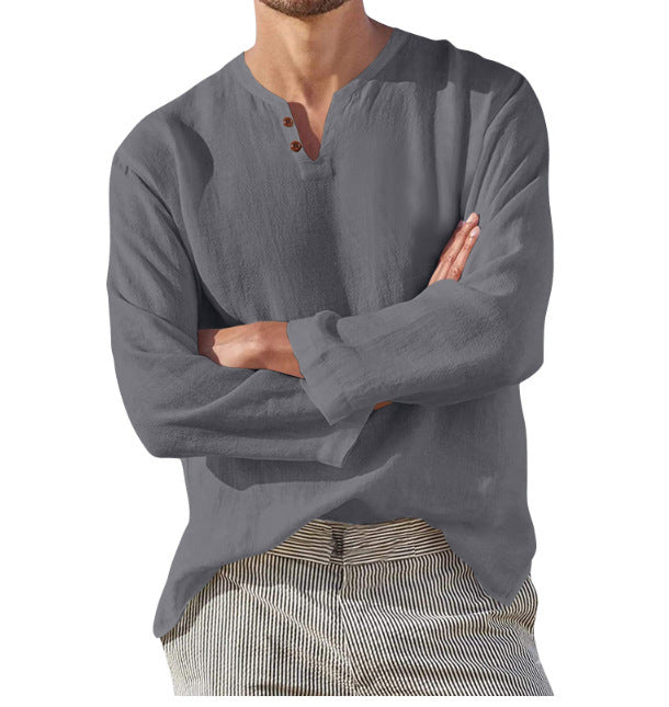 Cotton Linen Men's Long Sleeve V-neck Casual Beach Linen Men DealSniper.net
