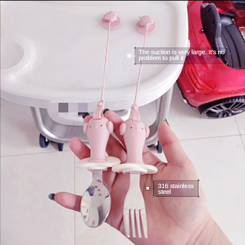 Infant Stainless Steel Training Spoon Fork Silicone Anti-drop Kids dealsniper-net