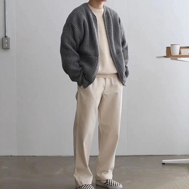 Men Zip Up Knitted Cardigan Lined Funnel Sweater Men Gym From House Gray 2XL