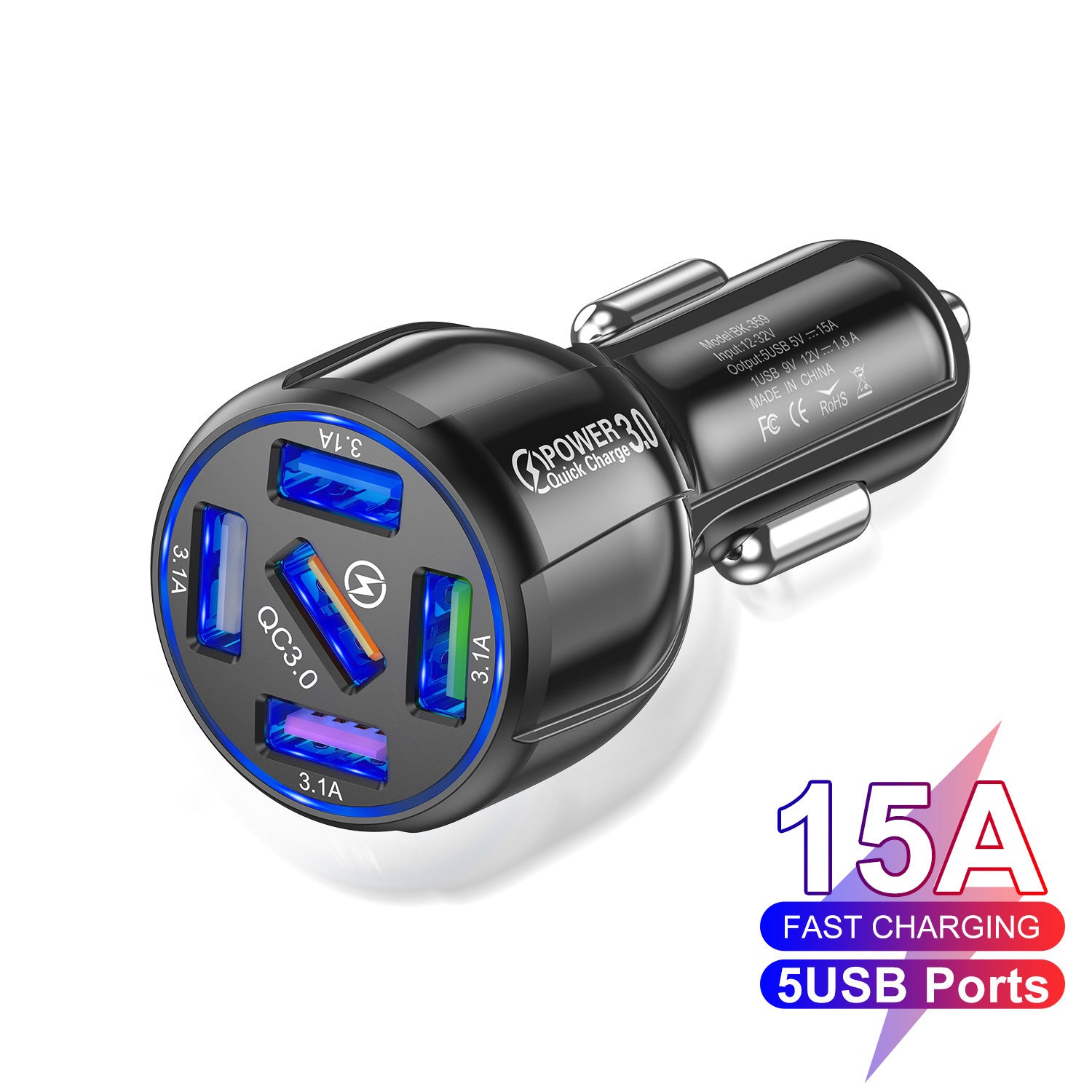 5-port 15A QC3.0 5USB Car Charger Fast Charge Car Charger Electronics DealSniper.net Black USB