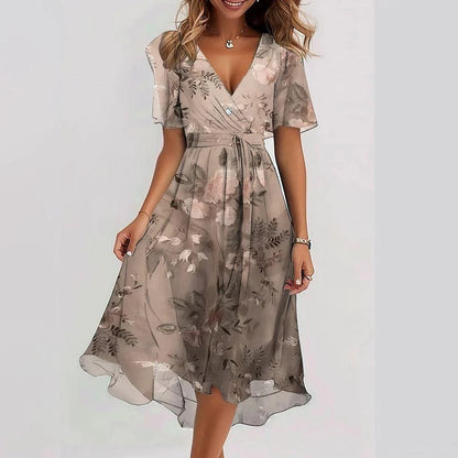 Chiffon Printed Short Sleeve Dress Summer Elegant V-neck Women dealsniper-net Rose Gold L