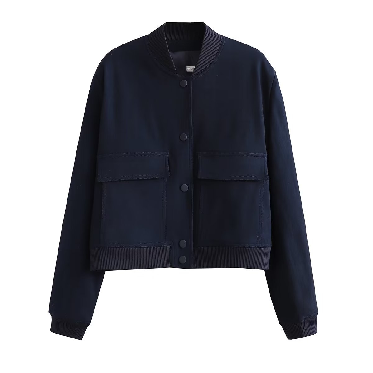 Casual Single-breasted Stand Collar Short Jacket With Pockets Women dealsniper-net Navy blue L