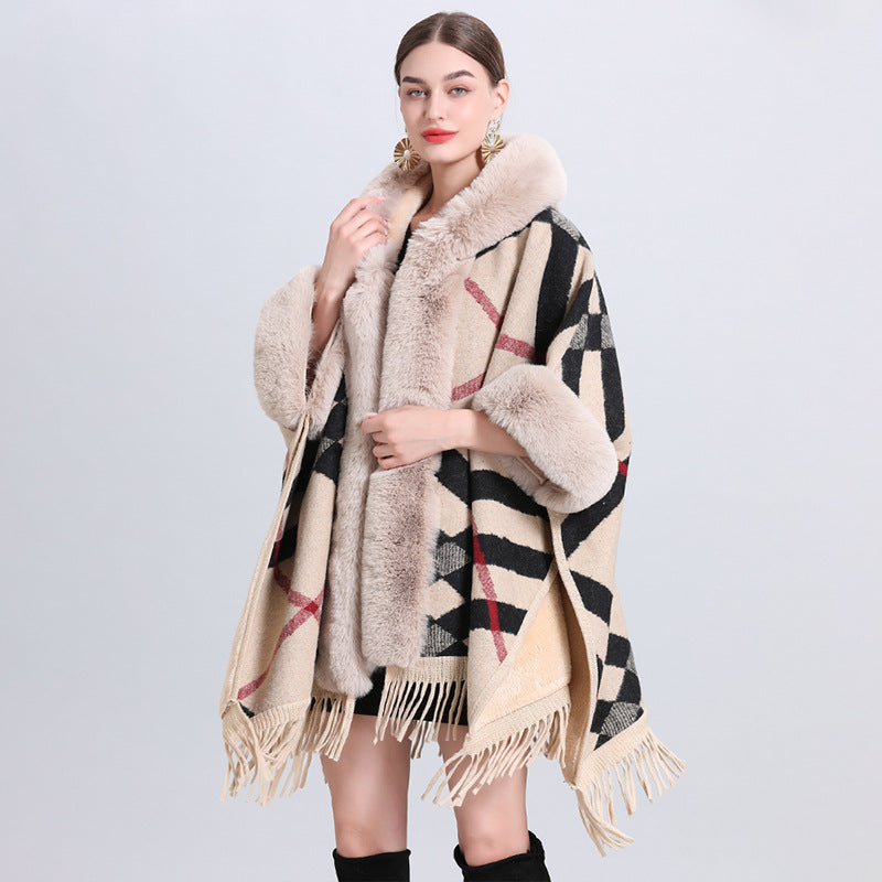 Loose Plaid Plus Cashmere Fur Collar Knitted Inverness Women Gym From House Khaki Black Plaid Average Size