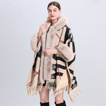 Loose Plaid Plus Cashmere Fur Collar Knitted Inverness Women Gym From House Khaki Black Plaid Average Size