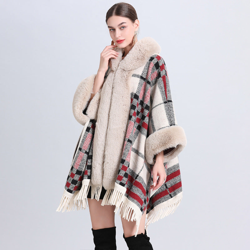 Loose Plaid Plus Cashmere Fur Collar Knitted Inverness Women Gym From House Beige Plaid Average Size