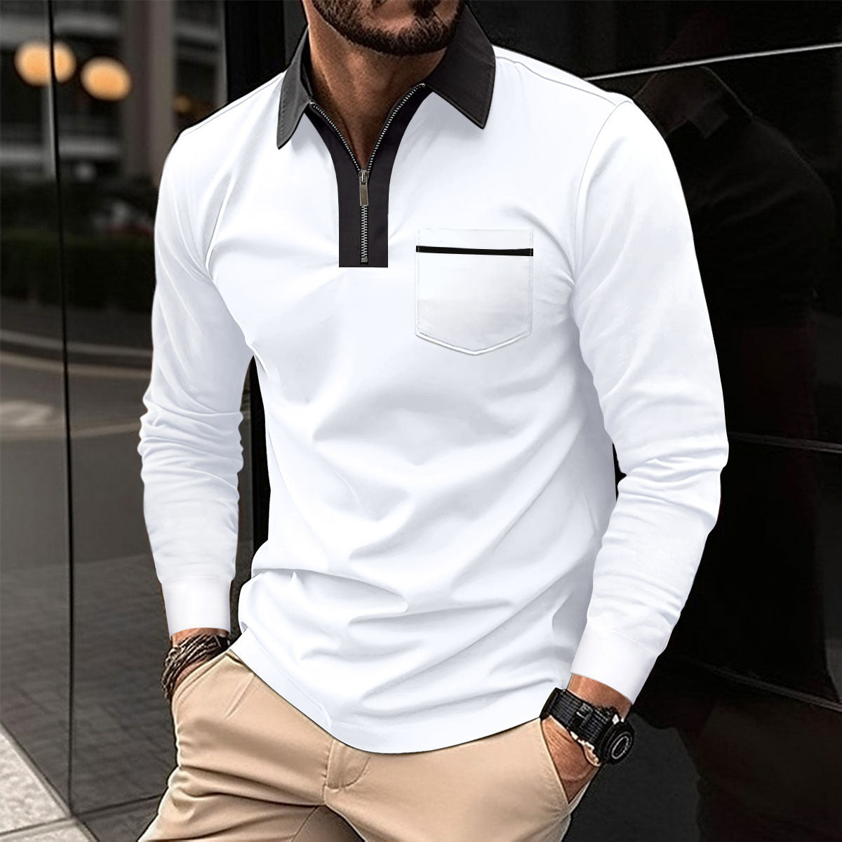 Autumn Mens Long Sleeve Zipper Polo Shirts Casual Lapel Men DealSniper.net