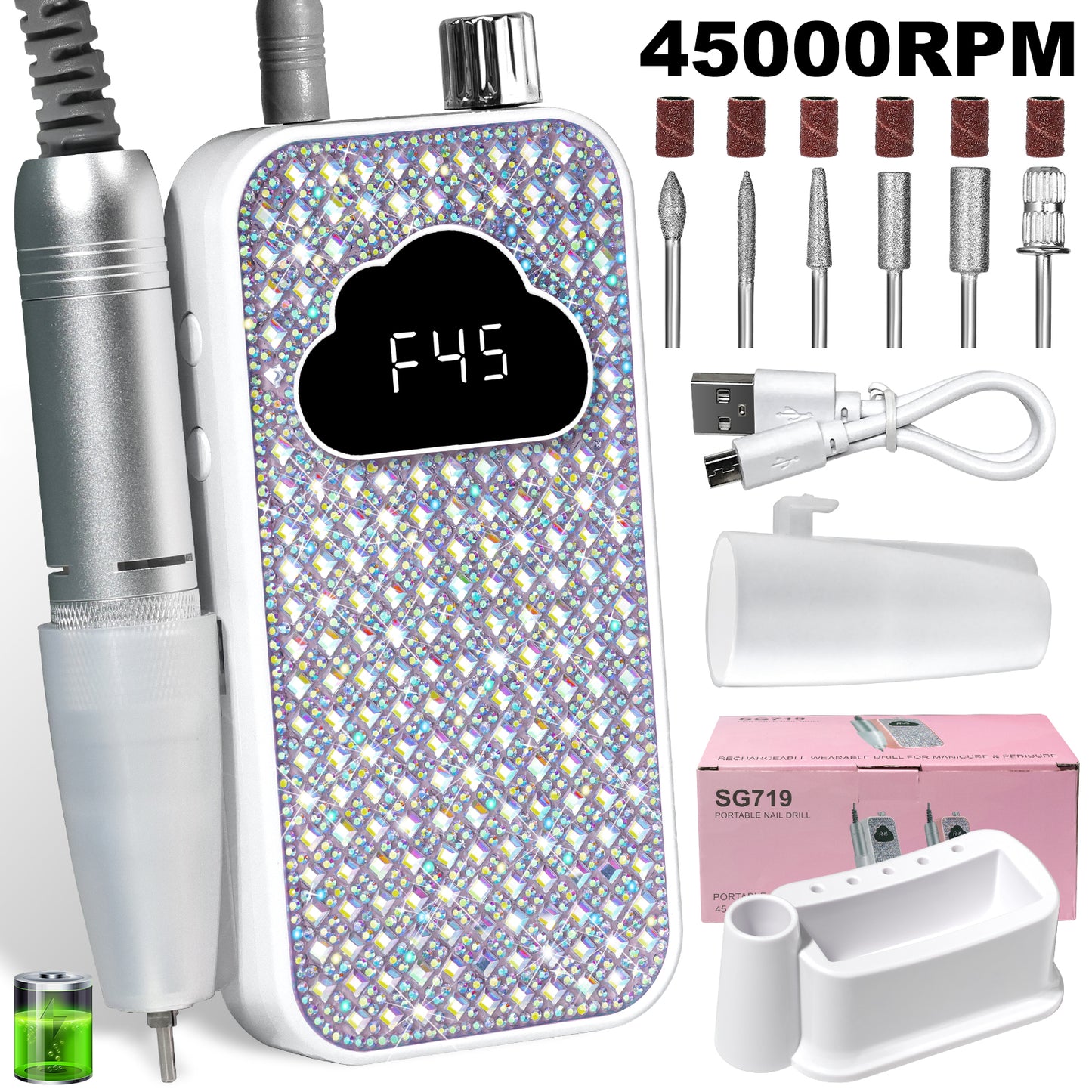 Professional Rechargeable Nail Drill Machine - 45000RPM Glitter Beauty dealsniper-net White