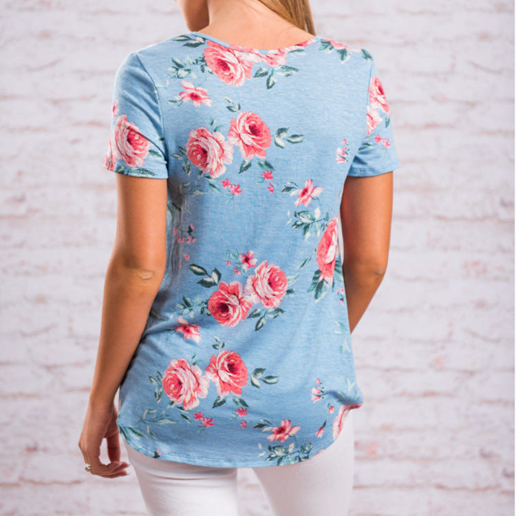 Flower Print Cross Front Short Back Long T-shirt Women dealsniper-net