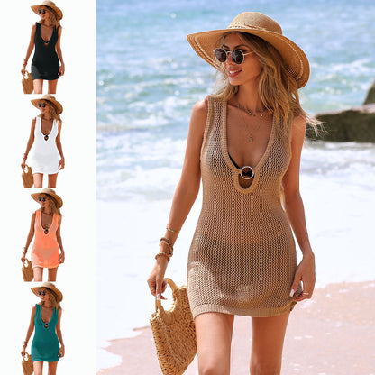 Women Ripple Hollow Out Deep V Beach Dress Bikini Cover Up Women Gym From House