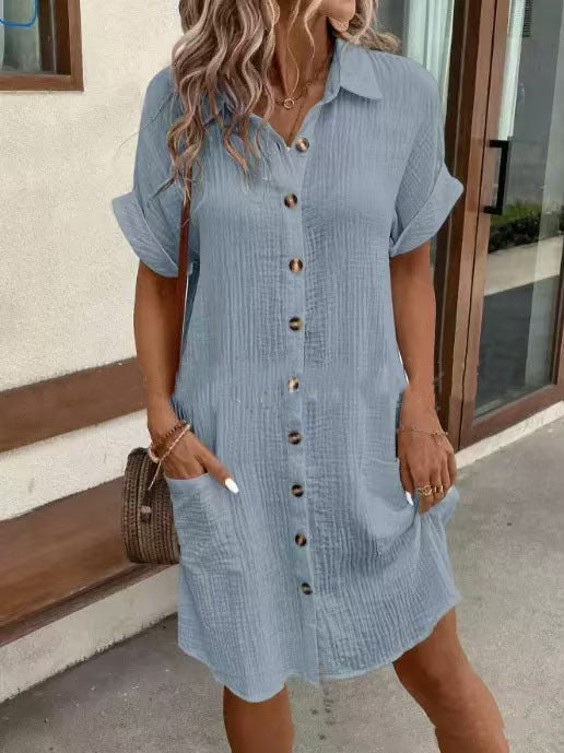 Summer Short Sleeve Shirt Dress Fashion Solid Color Women dealsniper-net Grey blue 3XL