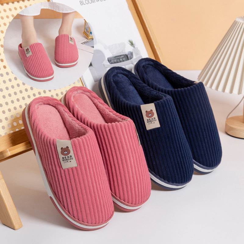 Solid Color Striped Slippers For Women Thick-soled Anti-slip Indoor Warm Plush Home Shoes Couple Women Men Slipper Winter Women dealsniper-net