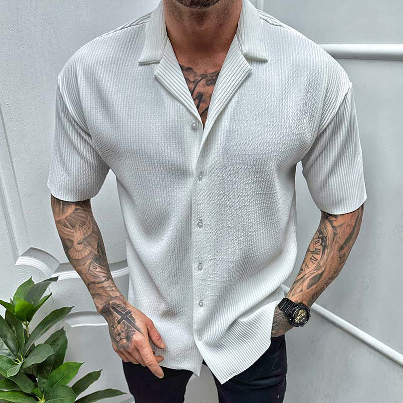 Men's Cardigan Solid Color Short Sleeve Shirt Men DealSniper.net White L