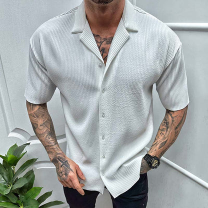 Men's Cardigan Solid Color Short Sleeve Shirt Men DealSniper.net White L