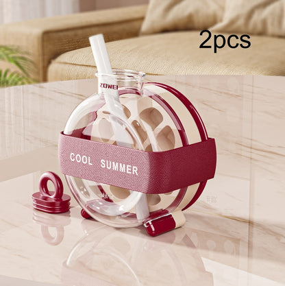 Summer Ice Cube Tray 2 In1 Ice Tray And Water Bottle Kitchen Gym From House With Straw Ribbon Wine Red 2PCS