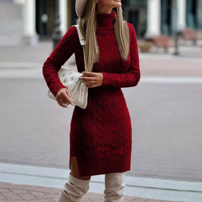 Fashion Turtleneck Knitted Dress With Slit Design