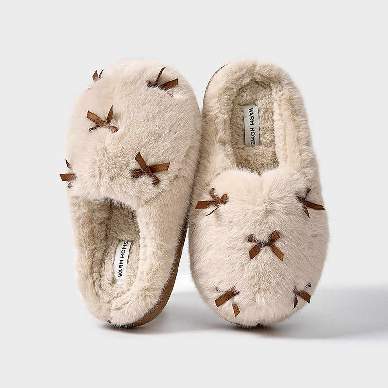 Women's Cute Plush Home Slippers Butterfly Knot Cotton Slippers Women dealsniper-net Milk Tea Color 36to37