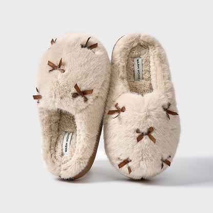 Women's Cute Plush Home Slippers Butterfly Knot Cotton Slippers Women DealSniper.net Milk Tea Color 36to37