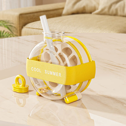 Summer Ice Cube Tray 2 In1 Ice Tray And Water Bottle Kitchen Gym From House With Straw Ribbon Yellow 1PCS