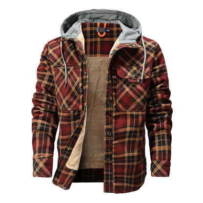 Men Warm Jacket Fleece Lining Lumberjack Plaid Hooded Jackets Snap Button Men dealsniper-net