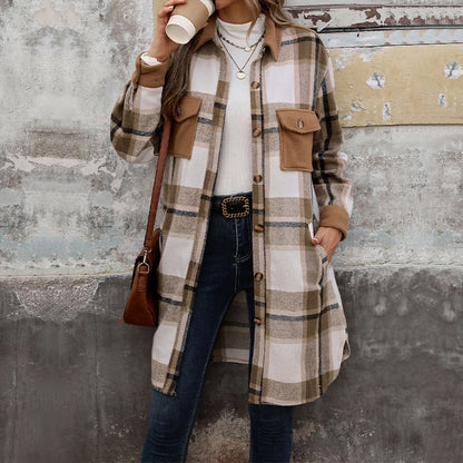 New Brushed Plaid Long Coat With Pockets Fashion Winter Jacket Women dealsniper-net Coffee L