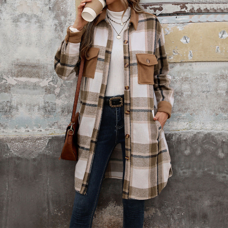 New Brushed Plaid Long Coat With Pockets Fashion Winter Jacket Women DealSniper.net Coffee L