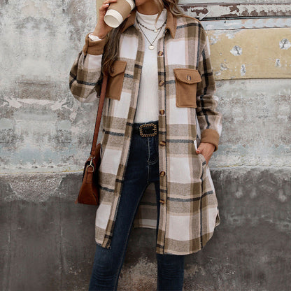 New Brushed Plaid Long Coat With Pockets Fashion Winter Jacket Women DealSniper.net Coffee L