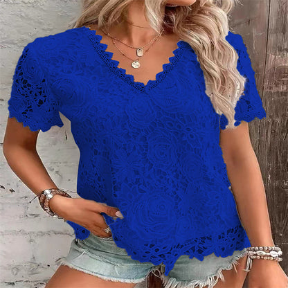 Women's Fashion Top T-shirt Lace Short Sleeve Women Women DealSniper.net Blue 3XL