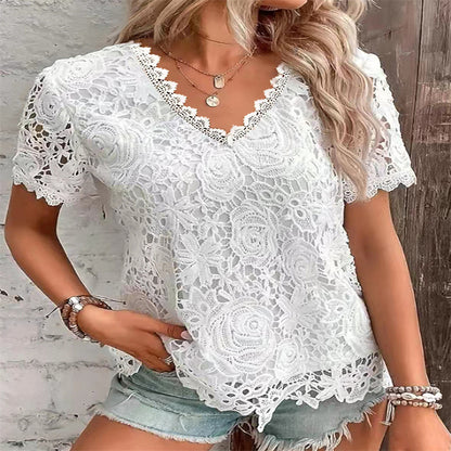Women's Fashion Top T-shirt Lace Short Sleeve Women Women DealSniper.net White 3XL