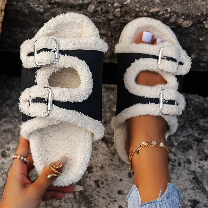 Autumn Winter Slipper Thick Sole Buckle Lamb Swool Slippers For Women Outdoor Gardern Indoor Lazy Plush Shoes Women dealsniper-net Beige Size36