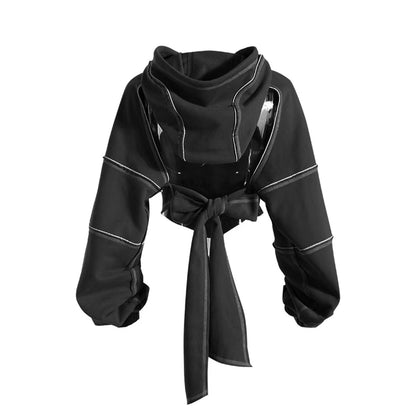 New Color Contrast Bright Line Short Hooded Sweater Women Gym From House Black L