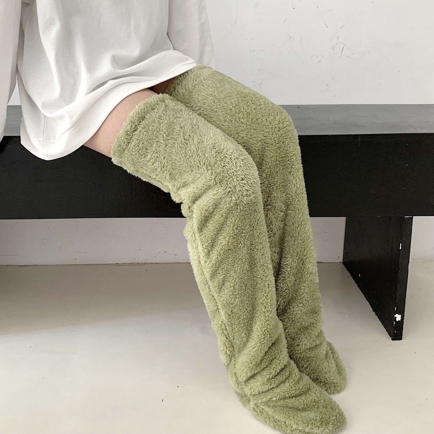 Over Knee High Fuzzy Long Socks Winter Warm Cold Leg Knee Joint Cold-proof Stockings Home Floor Sleeping Socks Men dealsniper-net Avocado Green Average Size