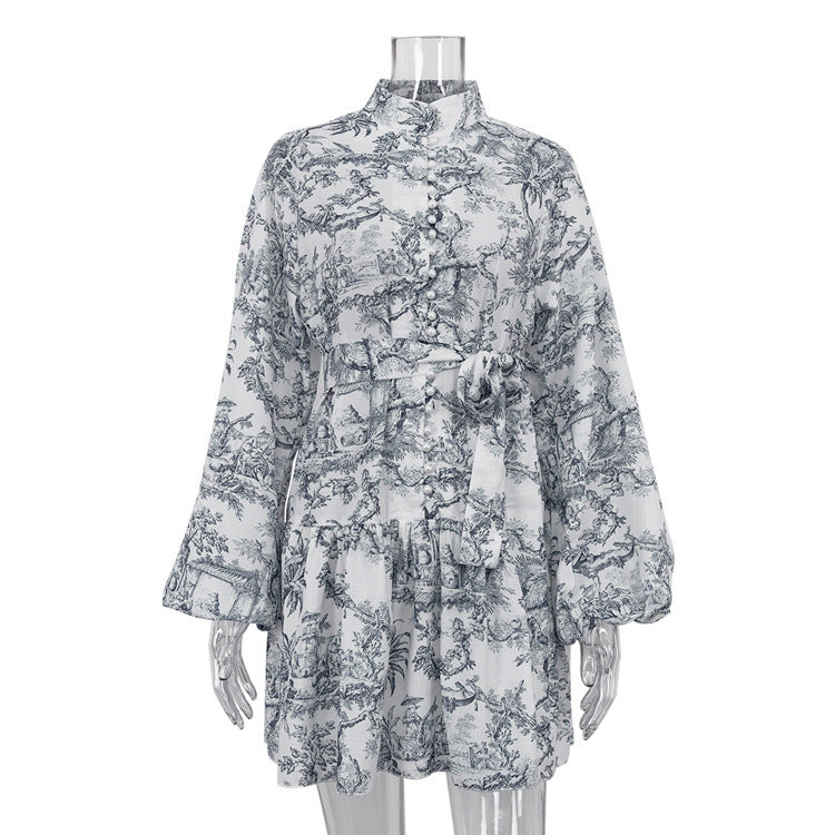 Ink Print Long Sleeve Short Dress With Fashion Puffy Sleeve Women dealsniper-net