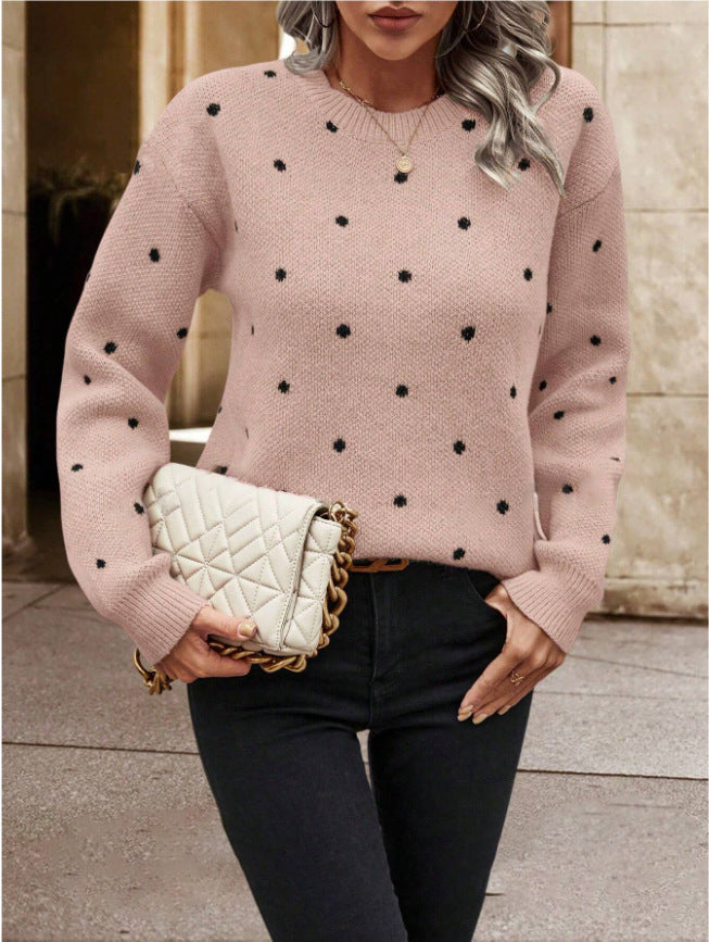 Ins Polka Dot Print Pullover Sweater Fashion Casual Long-sleeved Women null Pink L