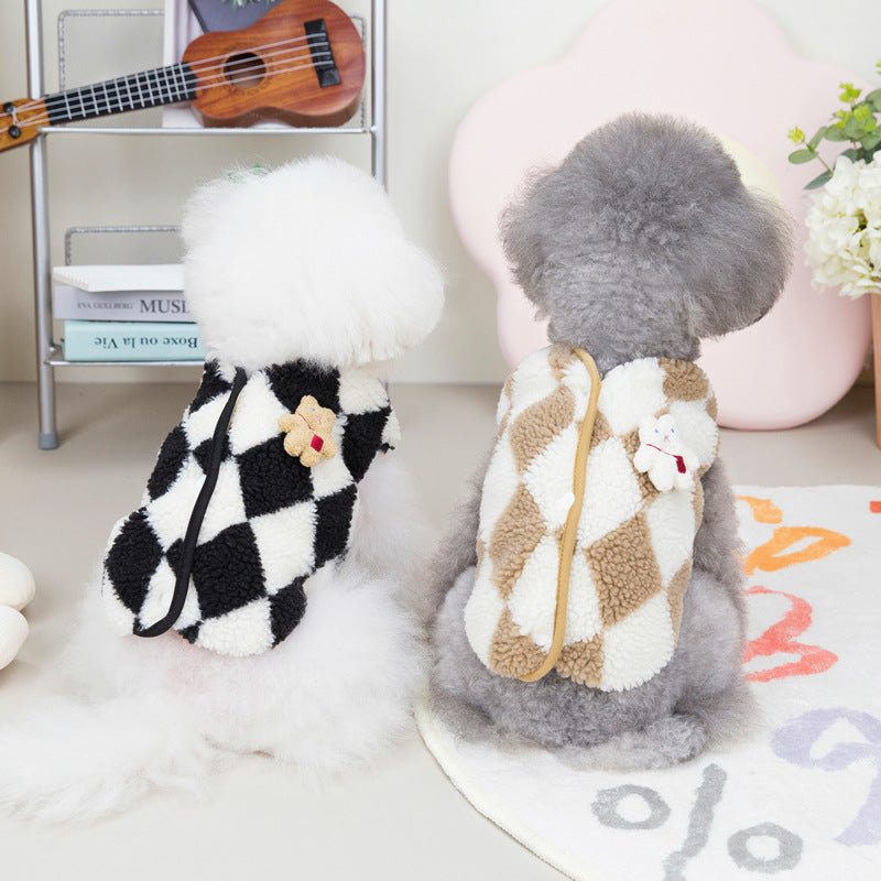 Pet Checkerboard Vest Cat Dog Plush Autumn Winter Jacket Pets Gym From House