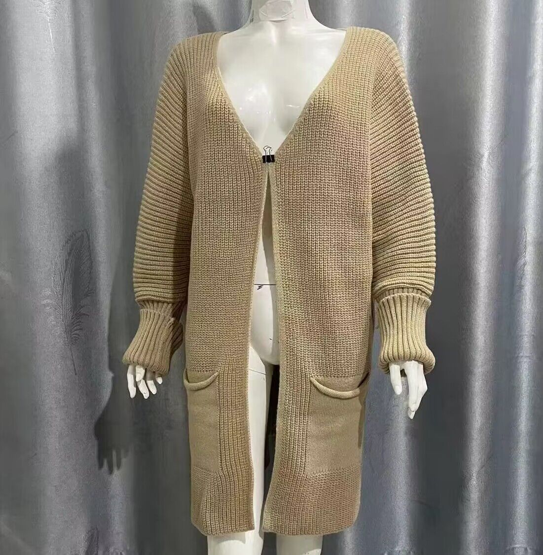 New Solid Color Loose Knitted Sweater Mid-length Coat Women dealsniper-net Khaki L