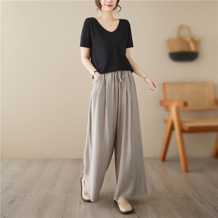 New Plus Size Wide Legs Mop Straight Casual Pants Women dealsniper-net Light Khaki Plus Size Average Size