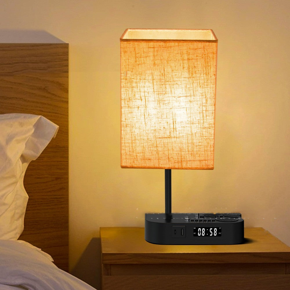 Multifunctional Bluetooth Playing Alarm Clock Fabric Table Lamp Home Decor dealsniper-net Square Lampshade AU