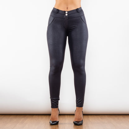 Shascullfites Melody Crackle Black Coated Middle Waist Lift Pants Women dealsniper-net