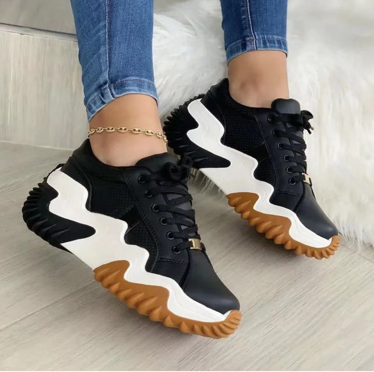 Women Shoes Lace-up Sports Sneakers Women dealsniper-net Black Size36